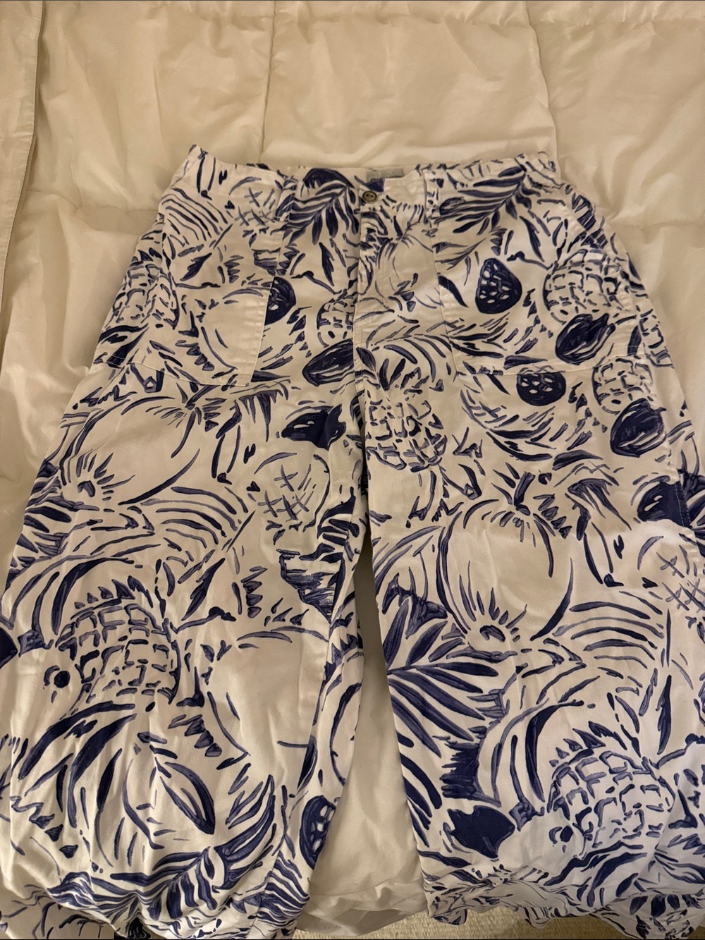 Chico's White Pants with Navy Leaf Print